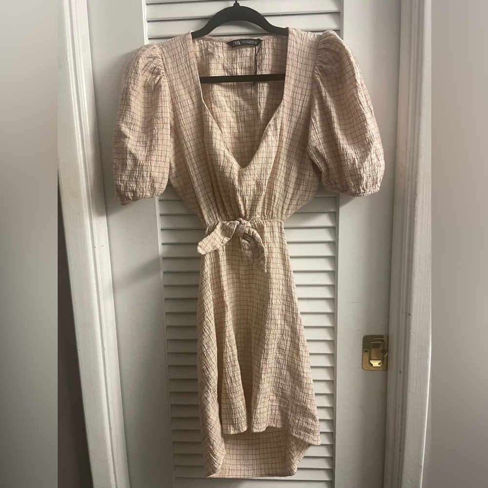 Zara NWT Size S Cotton/Linen Blend Plaid Cut Out Waist Minidress -NWT per Pics - Picture 6 of 10
